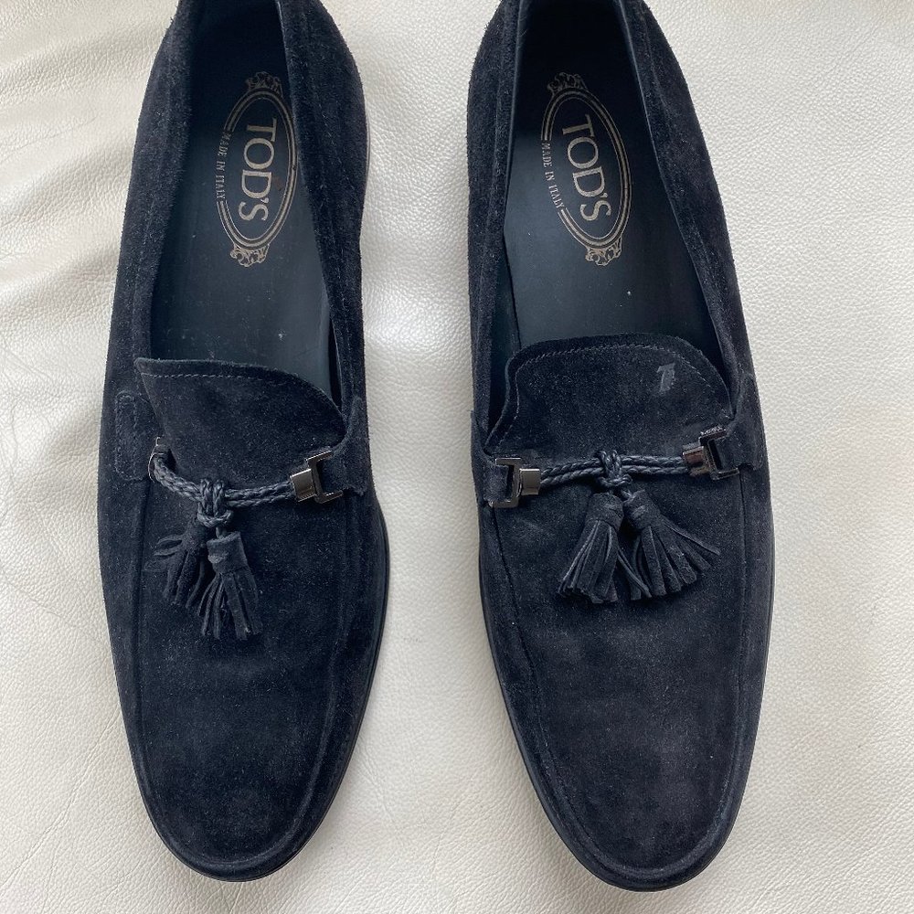 Tod's Black Suede Tassel Loafer, Size 10.5